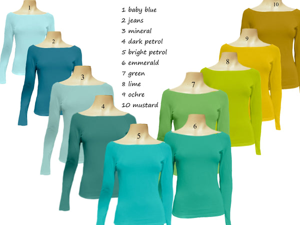 Boothals shirt met lange mouw van organische katoen / organic cotton T shirt with boat neck and long sleeve