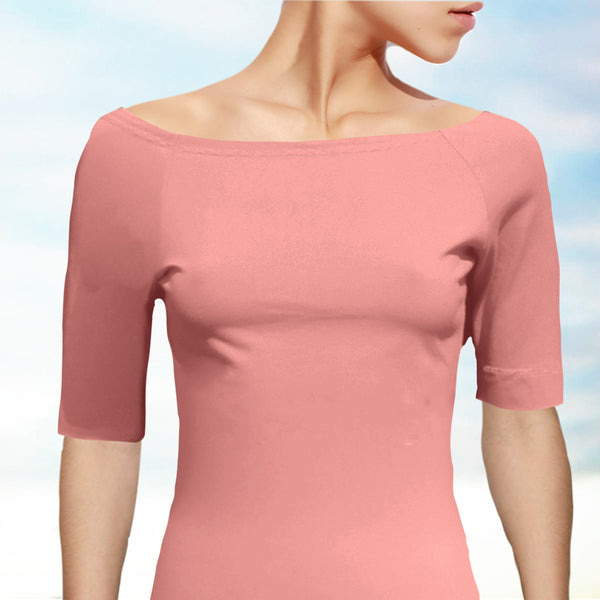 Boothals shirt met halflang mouwtje van organische katoen/ organic cotton T shirt with boat neck and cropped sleeve