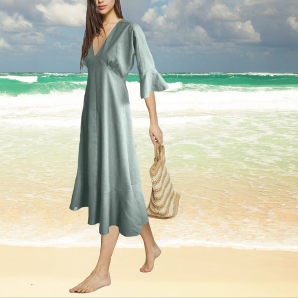 Midi jurk met kimono mouw in linnen-katoen mix/  midi dress in linen-cotton mix