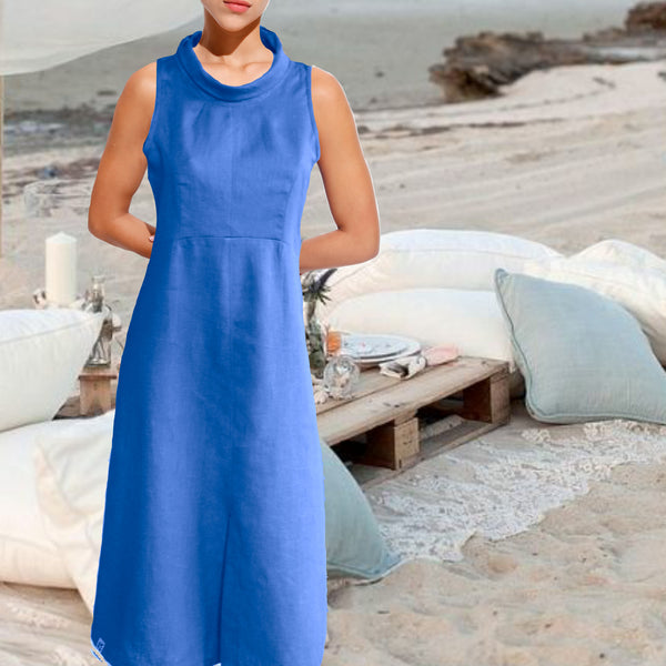 Klassiek jurkje met rolkraag in linnen-katoen mix/ classic dress in linen-cotton mix
