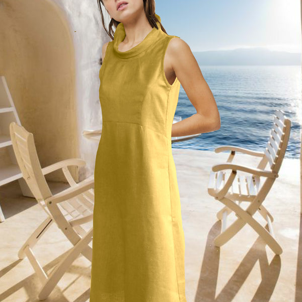 Klassiek jurkje met rolkraag in linnen-katoen mix/ classic dress in linen-cotton mix