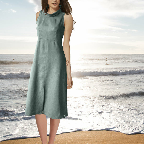 Klassiek jurkje met rolkraag in linnen-katoen mix/ classic dress in linen-cotton mix