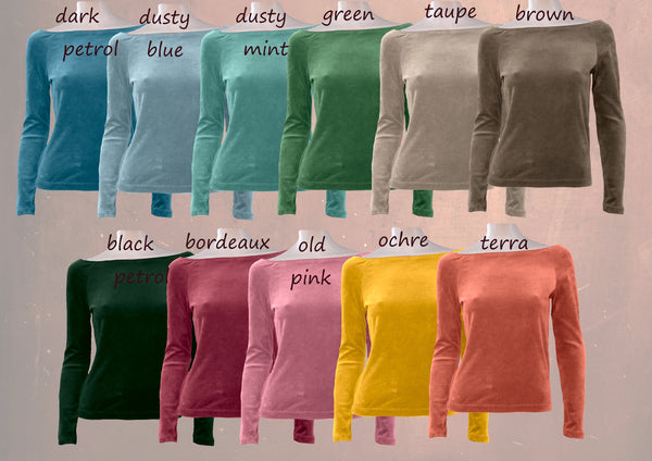 Basic shirt met boothals in nicky velours/ Basic velvet shirt with boatneck