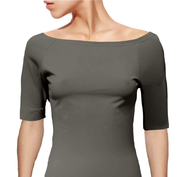 Boothals shirt met halflang mouwtje van organische katoen/ organic cotton T shirt with boat neck and cropped sleeve