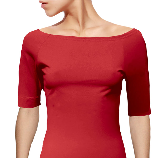 Boothals shirt met halflang mouwtje van organische katoen/ organic cotton T shirt with boat neck and cropped sleeve