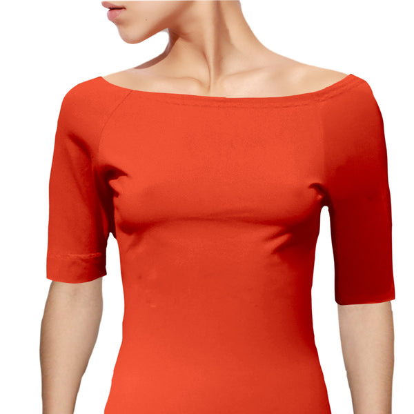 Boothals shirt met halflang mouwtje van organische katoen/ organic cotton T shirt with boat neck and cropped sleeve