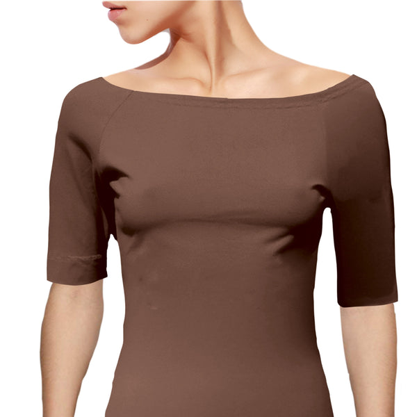 Boothals shirt met halflang mouwtje van organische katoen/ organic cotton T shirt with boat neck and cropped sleeve