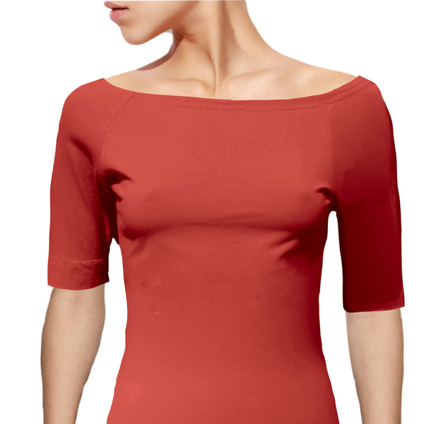 Boothals shirt met halflang mouwtje van organische katoen/ organic cotton T shirt with boat neck and cropped sleeve