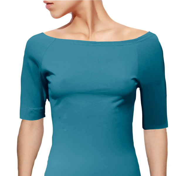 Boothals shirt met halflang mouwtje van organische katoen/ organic cotton T shirt with boat neck and cropped sleeve