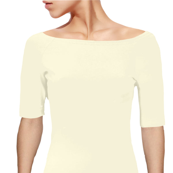 Boothals shirt met halflang mouwtje van organische katoen/ organic cotton T shirt with boat neck and cropped sleeve