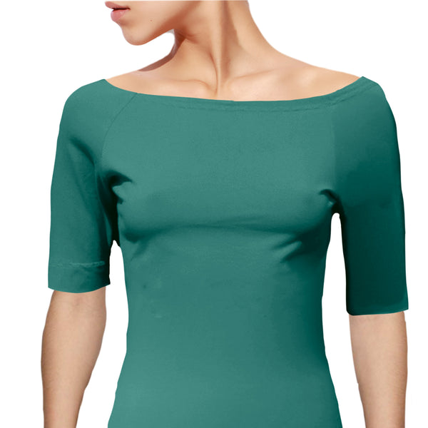 Boothals shirt met halflang mouwtje van organische katoen/ organic cotton T shirt with boat neck and cropped sleeve