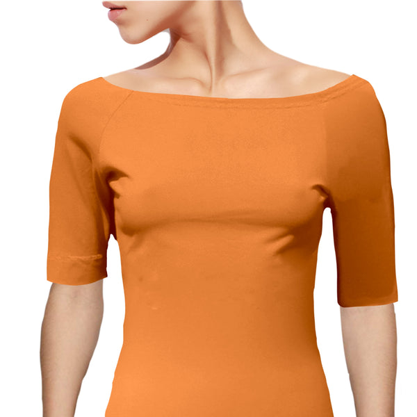 Boothals shirt met halflang mouwtje van organische katoen/ organic cotton T shirt with boat neck and cropped sleeve