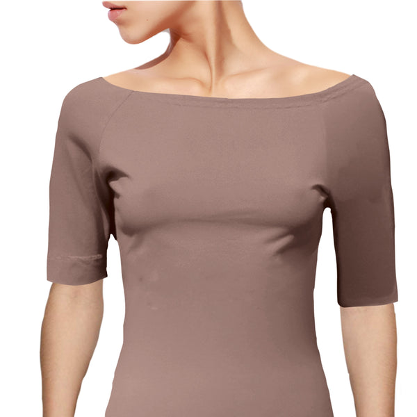 Boothals shirt met halflang mouwtje van organische katoen/ organic cotton T shirt with boat neck and cropped sleeve