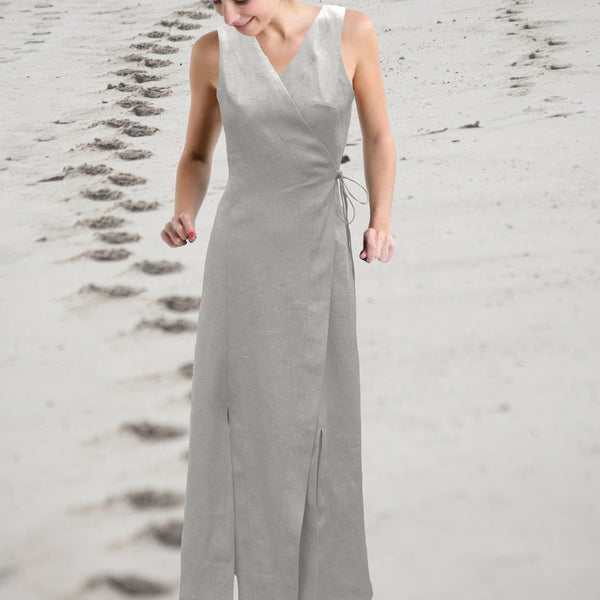lange linnen overslag jurk  / linen maxi wrap dress