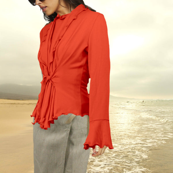 Getailleerd vest met ruches in biologische katoen / Tailered organic cotton cardigan
