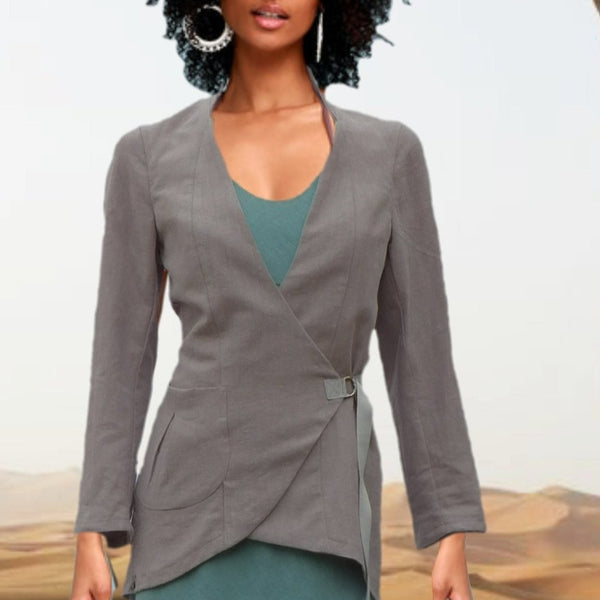 Linnen colbert met asymmetrische sluiting, Linen jacket asymmetric closure