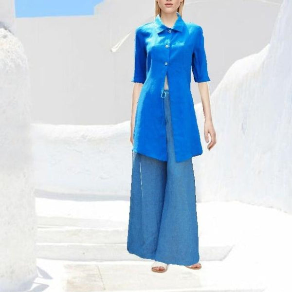 blauwe linnen zomer broek