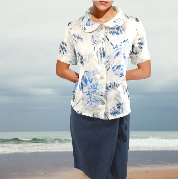 linnen print retro bloesje met rond kraagje /linen printed retro summer blouse