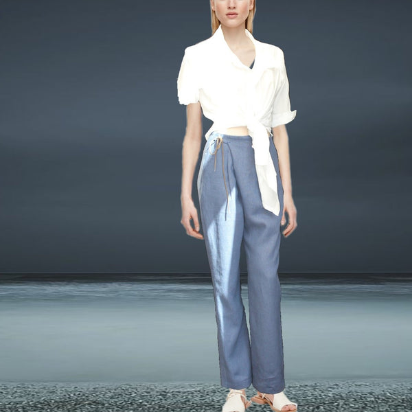 blauwe linnen broek
