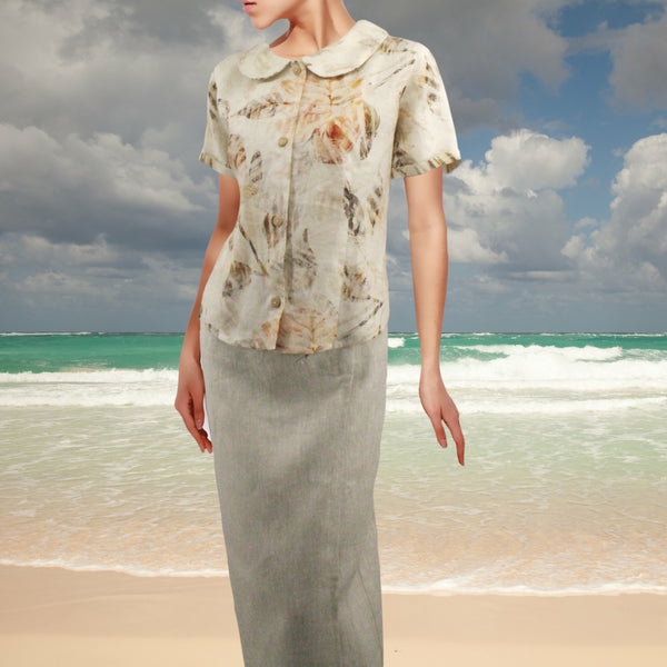 linnen print retro bloesje met rond kraagje /linen printed retro summer blouse