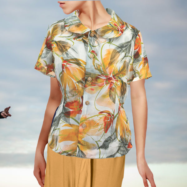 linnen print retro bloesje met rond kraagje /linen printed retro summer blouse