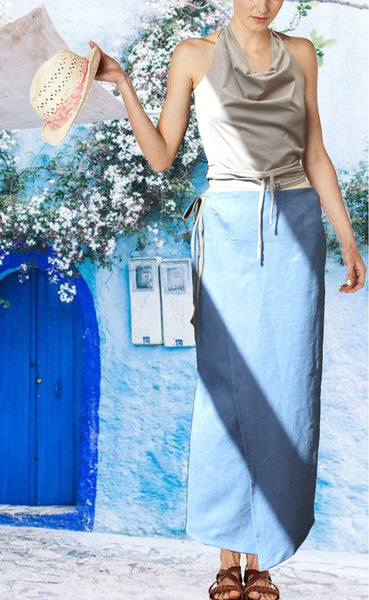 blauwe linnen rok