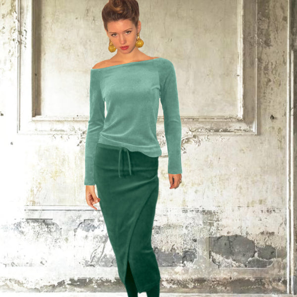 Basic shirt met boothals in nicky velours/ Basic velvet shirt with boatneck
