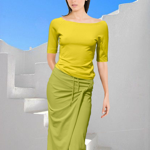 Boothals shirt met halflang mouwtje van organische katoen/ organic cotton T shirt with boat neck and cropped sleeve