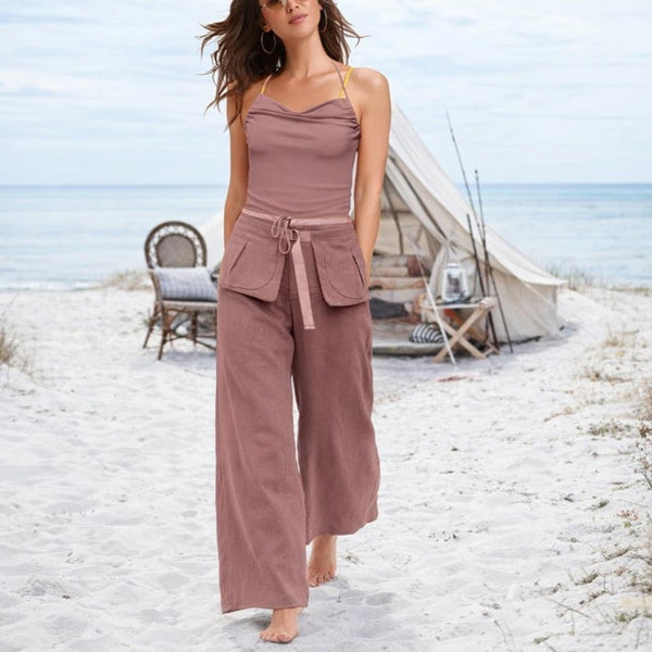Linnen broek "flared leg" met losse heupband, Linen pants flared leg with separate belt