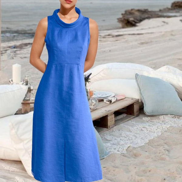 Klassiek jurkje met rolkraag in linnen-katoen mix/ classic dress in linen-cotton mix