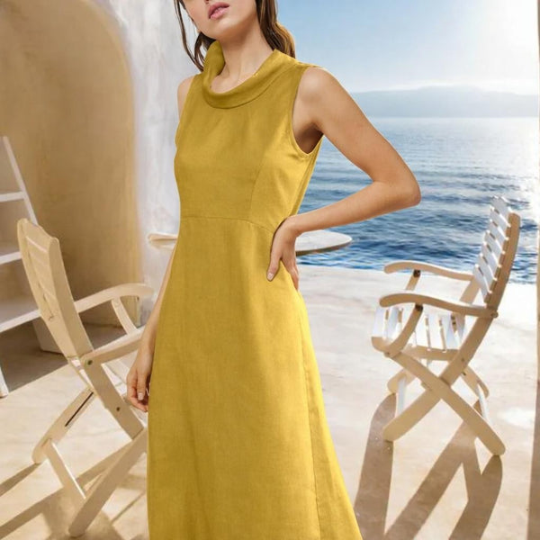 Klassiek jurkje met rolkraag in linnen-katoen mix/ classic dress in linen-cotton mix