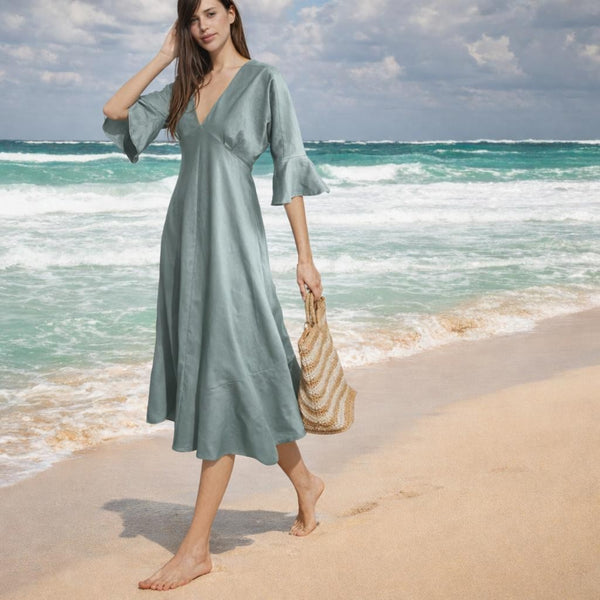 Midi jurk met kimono mouw in linnen-katoen mix/  midi dress in linen-cotton mix