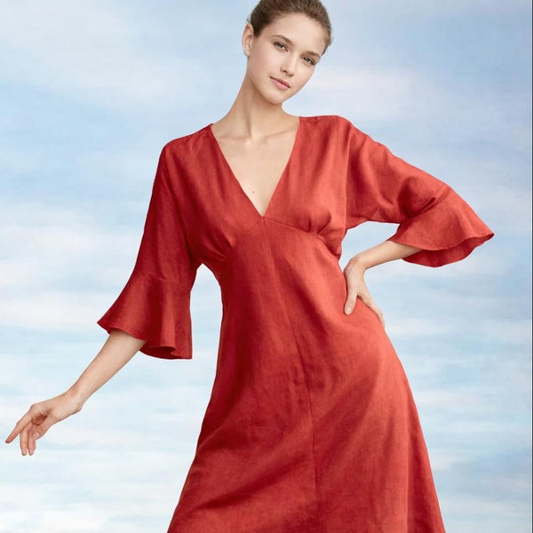 Midi jurk met kimono mouw in linnen-katoen mix/  midi dress in linen-cotton mix