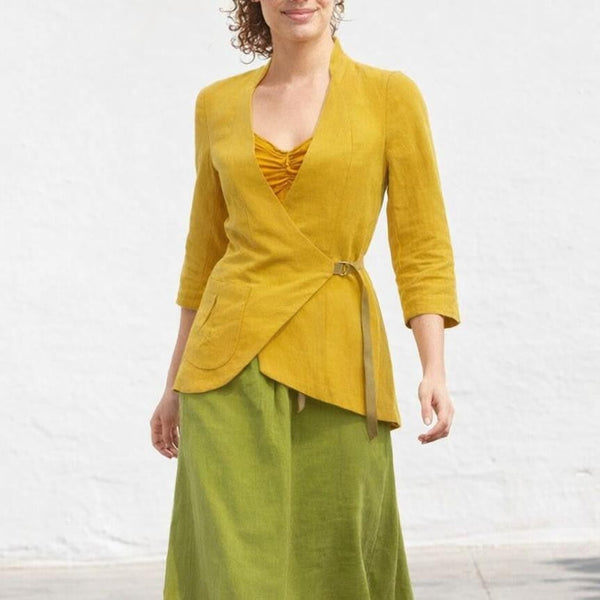 Linnen colbert met asymmetrische sluiting, Linen jacket asymmetric closure