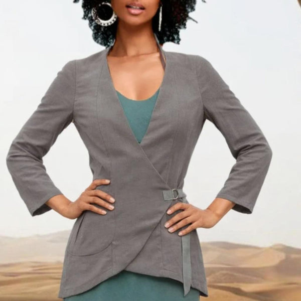 Linnen colbert met asymmetrische sluiting, Linen jacket asymmetric closure