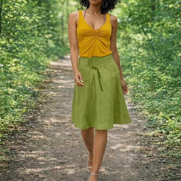 klokrokje van gewassen linnen met losse heupriem,  billowing skirt made of washed linen with separate belt