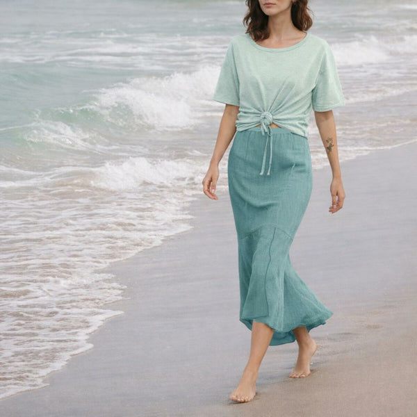 linnen rok in zandloperlijn met asymmetrische zoom / linen maxi skirt in hour glass line