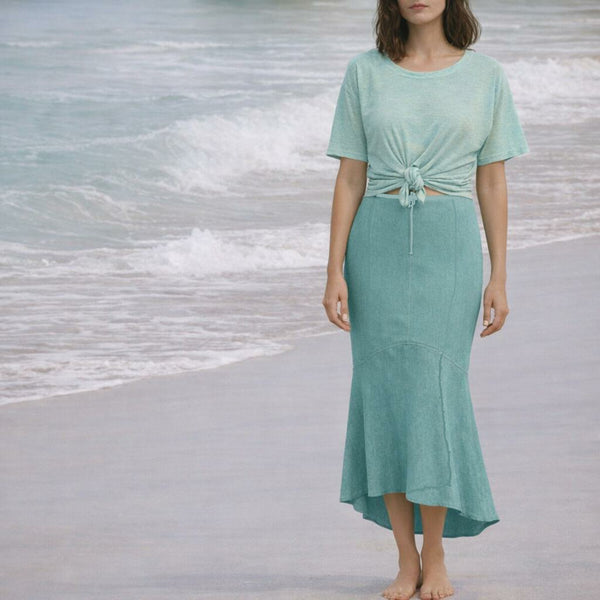 linnen rok in zandloperlijn met asymmetrische zoom / linen maxi skirt in hour glass line