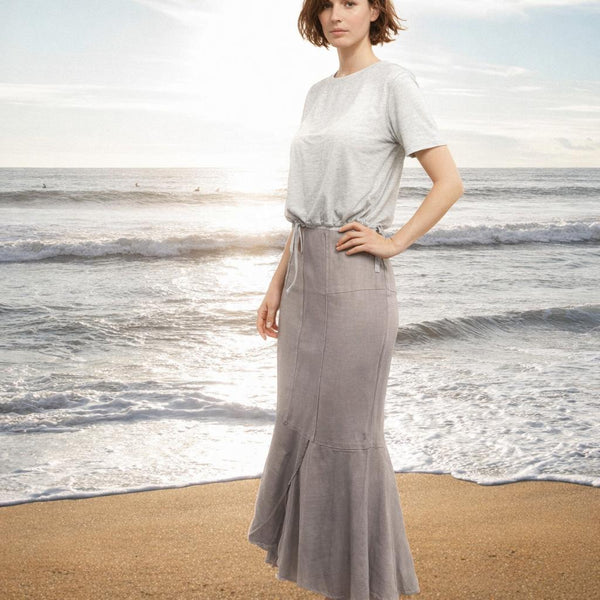 linnen rok in zandloperlijn met asymmetrische zoom / linen maxi skirt in hour glass line
