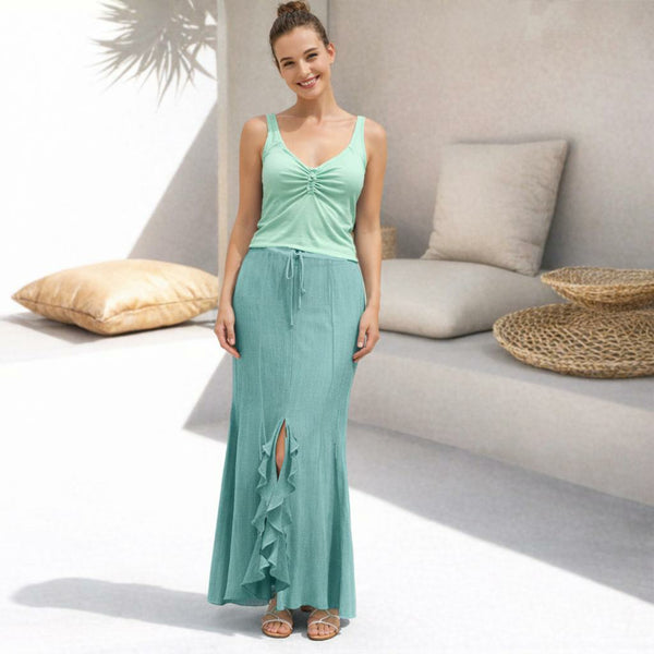 Linnen maxi rok met ruches split/ linen maxi skirt with ruffles split