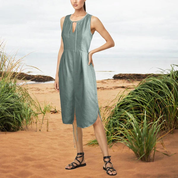 Sportief mouwloos jurkje met koordjes in linnen-katoen mix/ sporty dress in linen-cotton mix