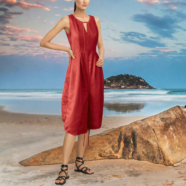 Sportief mouwloos jurkje met koordjes in linnen-katoen mix/ sporty dress in linen-cotton mix