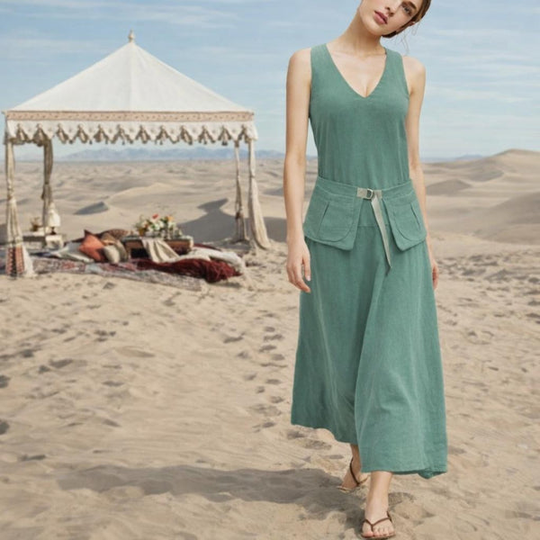 Linnen maxi jurk met losse heupband, Linen maxi dress with separate belt