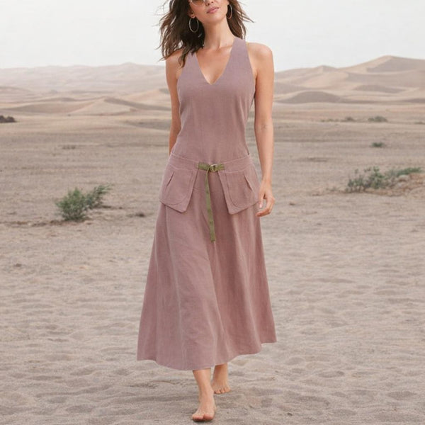 Linnen maxi jurk met losse heupband, Linen maxi dress with separate belt