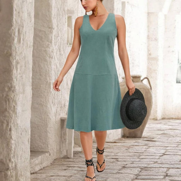 Linnen zomer jurk met V hals, Linen summer dress with V neck