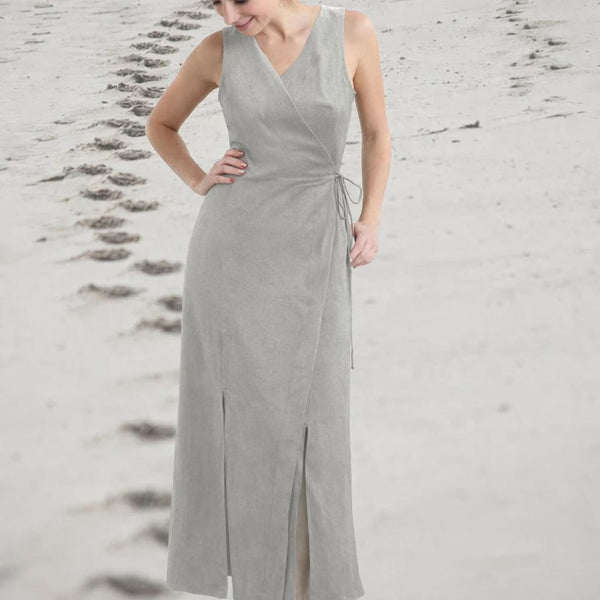 lange linnen overslag jurk  / linen maxi wrap dress