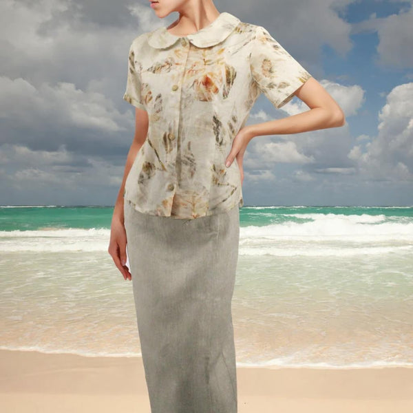 linnen print retro bloesje met rond kraagje /linen printed retro summer blouse