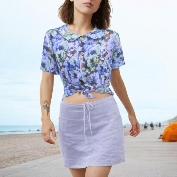 linnen print retro bloesje met rond kraagje /linen printed retro summer blouse