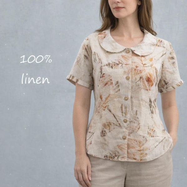linnen print retro bloesje met rond kraagje /linen printed retro summer blouse