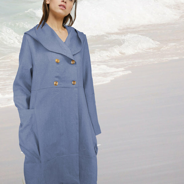 Linnen jas met capuchon en grote zakken / Linen hooded coat with large pockets